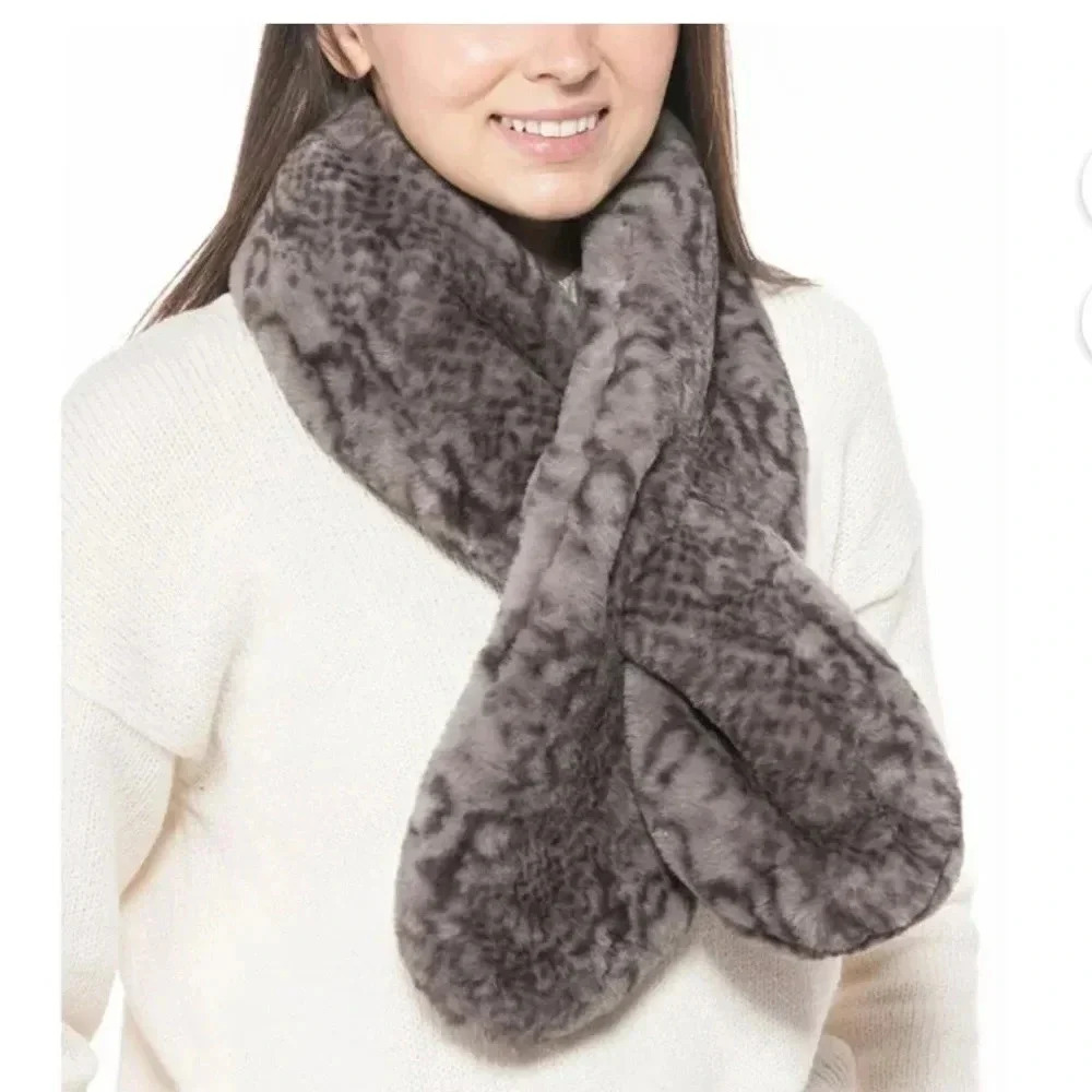 I.N.C Pull-Through Faux -Fur Scarf Snake Print Gray And Black Cozy - Picture 2 of 8